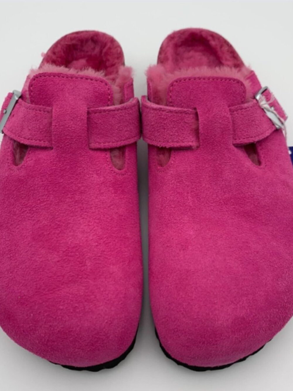 Birkenstock Boston Shearling Fuchsia Tulip Suede Leather Narrow Width Sandals